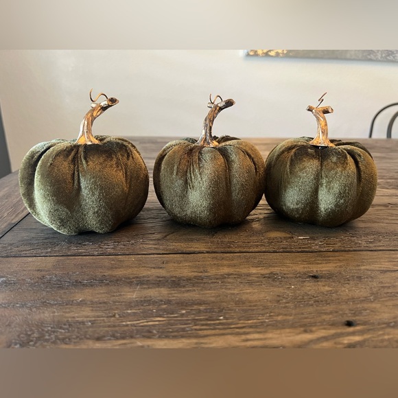 Set of 3 Velvet Pumpkins Decorative Fall Decor Green With Gold Stems - Picture 2 of 6